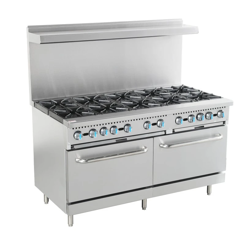 10-Burner Commercial Gas Stove with Double Ovens at the Bottom.