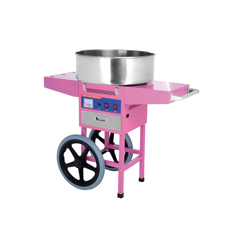 Mobile commercial stainless steel pink cotton candy machine with trolley