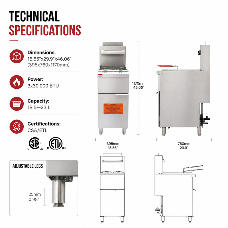 Commercial Kitchen Gas Three-Tube Burner Deep Fryer - Robertshaw Control System, 90,000 BTU (HSD-3N)