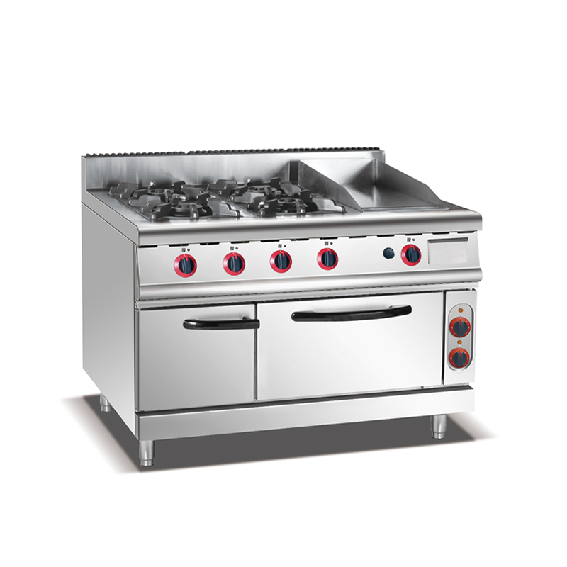 commercial 4 burner gas range with griddle and oven