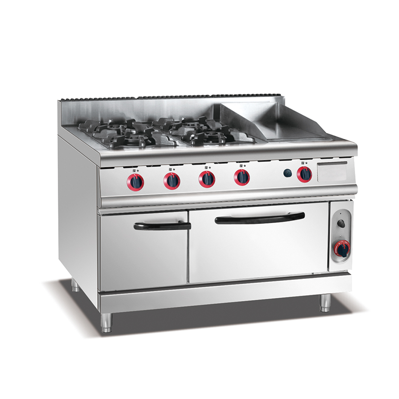 commercial 4 burner gas range with griddle and oven